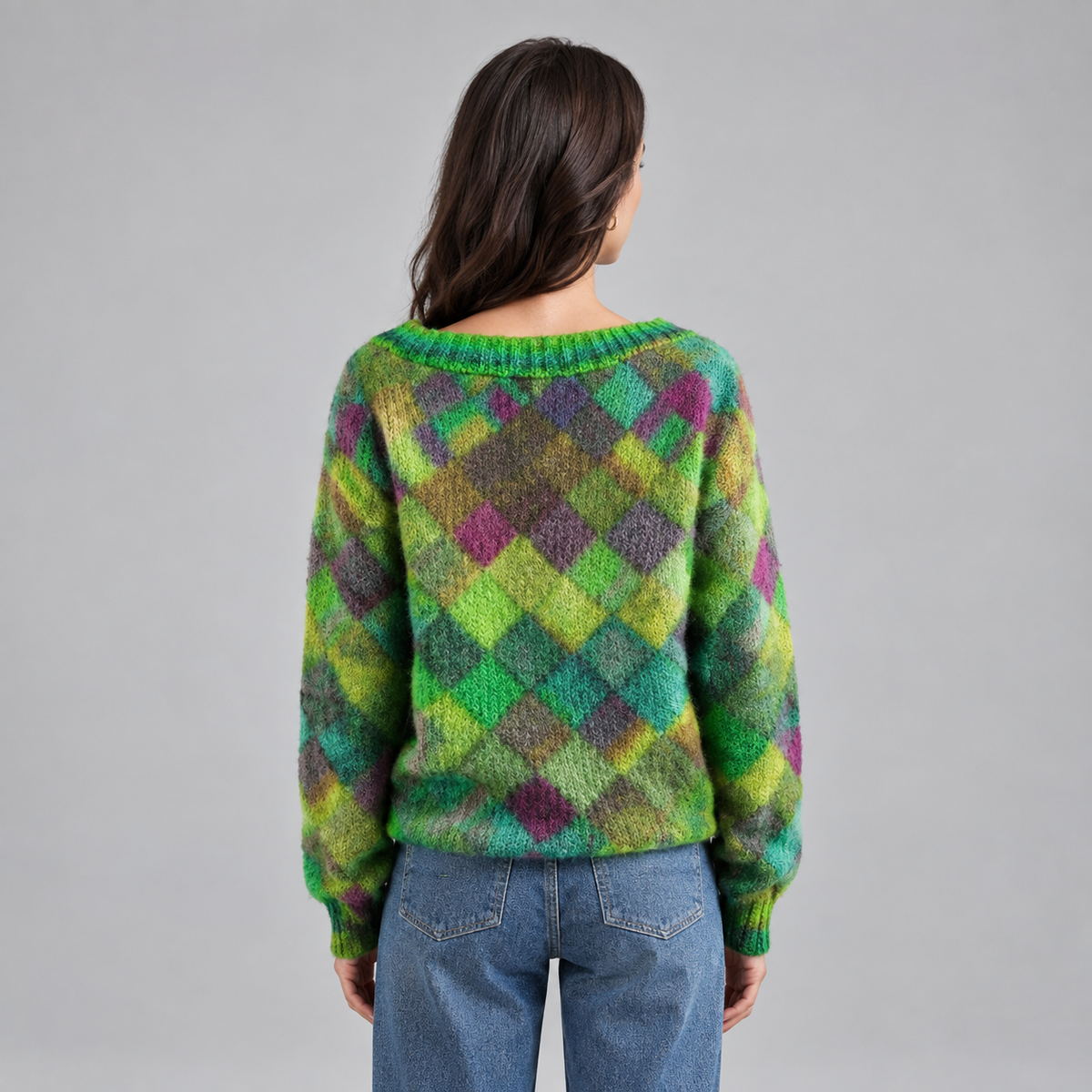 Women’s Relaxed-Fit Argyle Knit Sweater on a model, back view