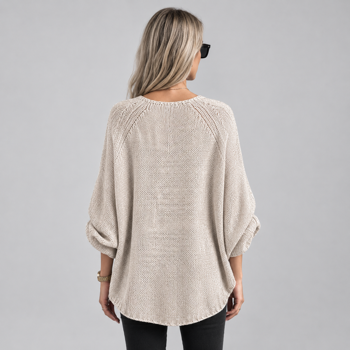 Women’s Oversized Batwing-Sleeve Knit Sweater on a model, back view