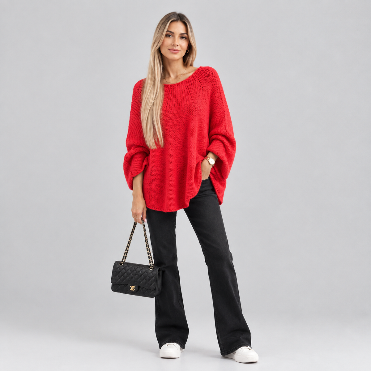 Women’s Oversized Batwing-Sleeve Knit Sweater on a model, colour option