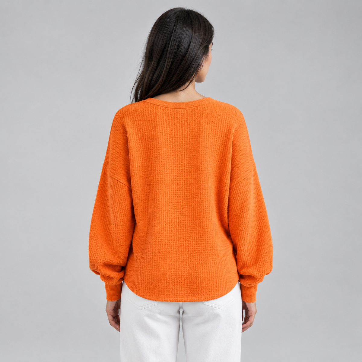 Women’s Relaxed-Fit Waffle Knit Henley Top on a model, back view