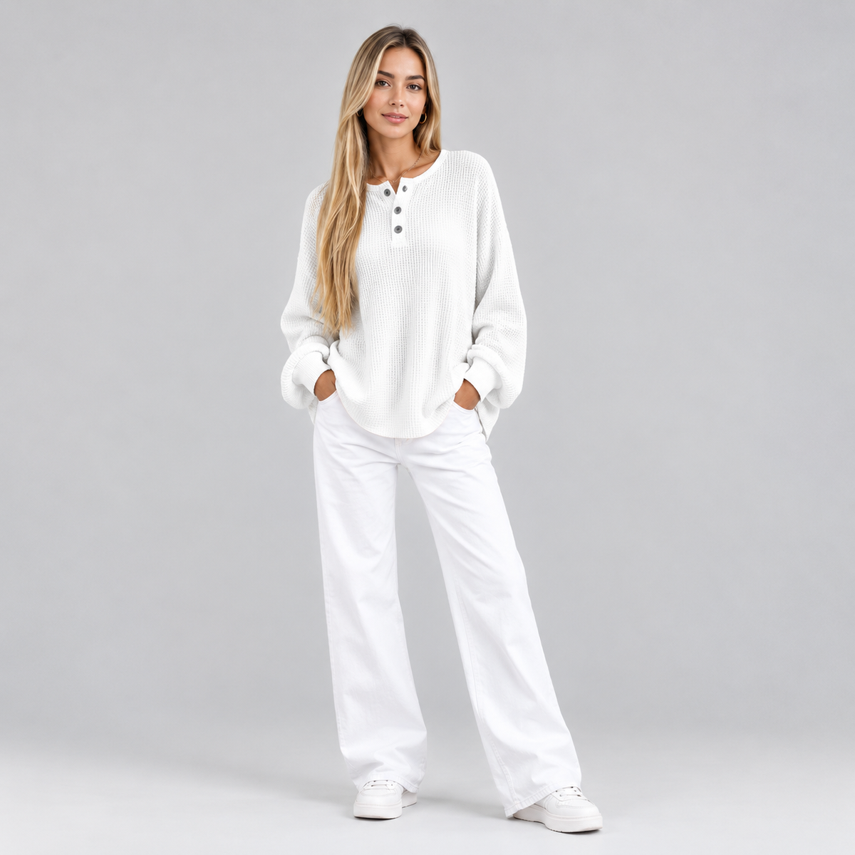 Women’s Relaxed-Fit Waffle Knit Henley Top on a model, colour option