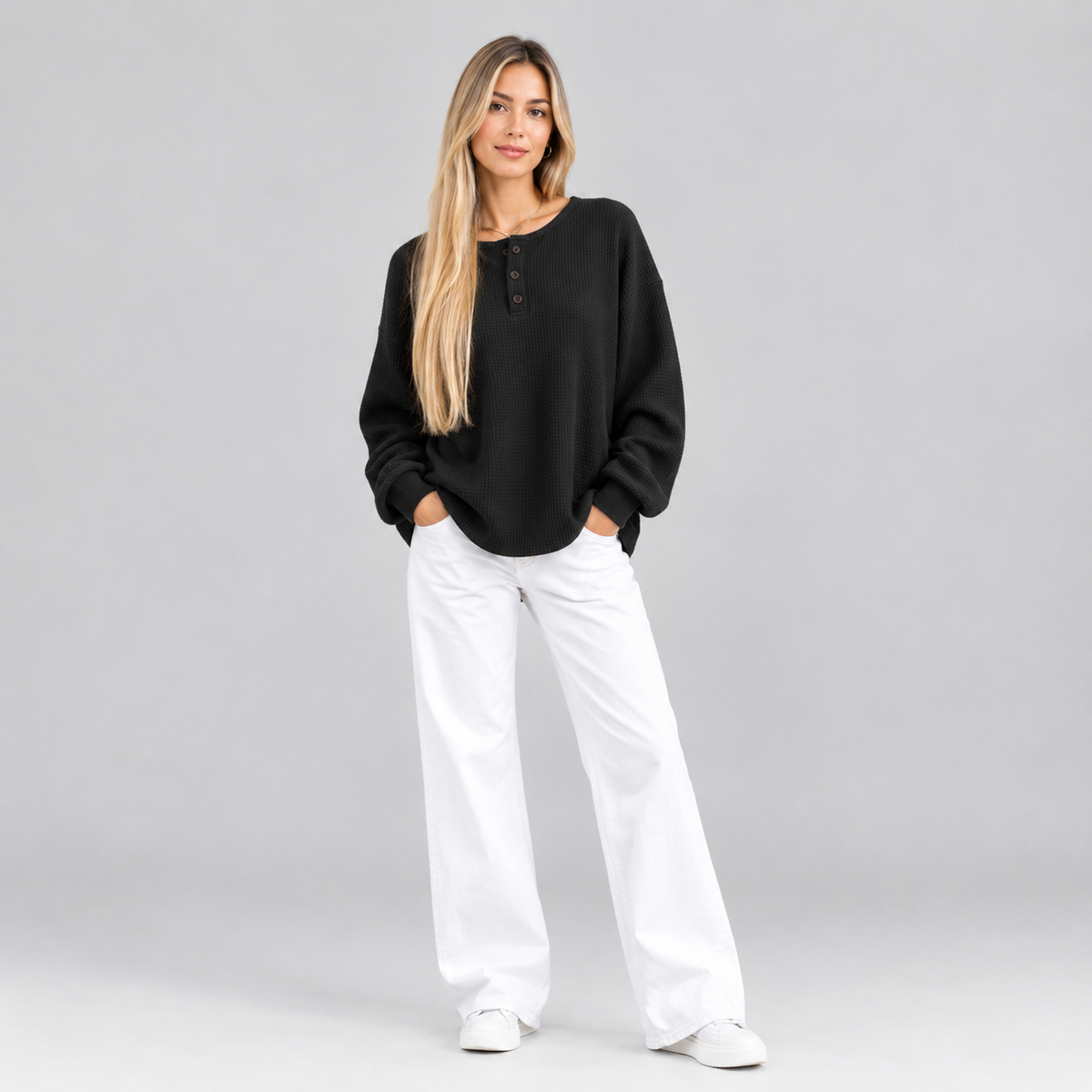 Women’s Relaxed-Fit Waffle Knit Henley Top on a model, colour option