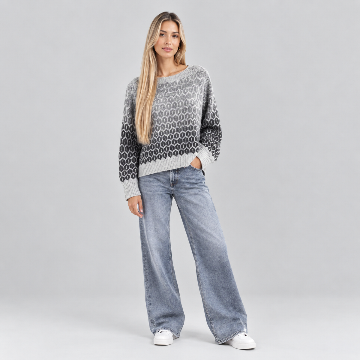 Women's Relaxed-Fit Gradient Fairisle Knit Sweater on a model, front view