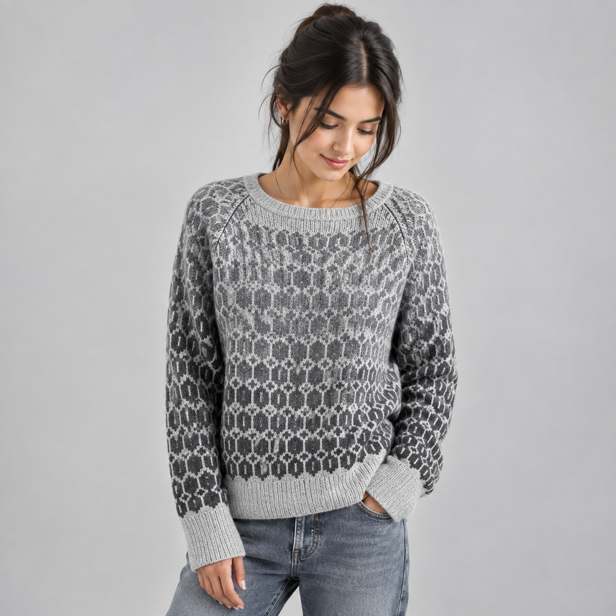 Women's Relaxed-Fit Gradient Fairisle Knit Sweater on a model, front detail