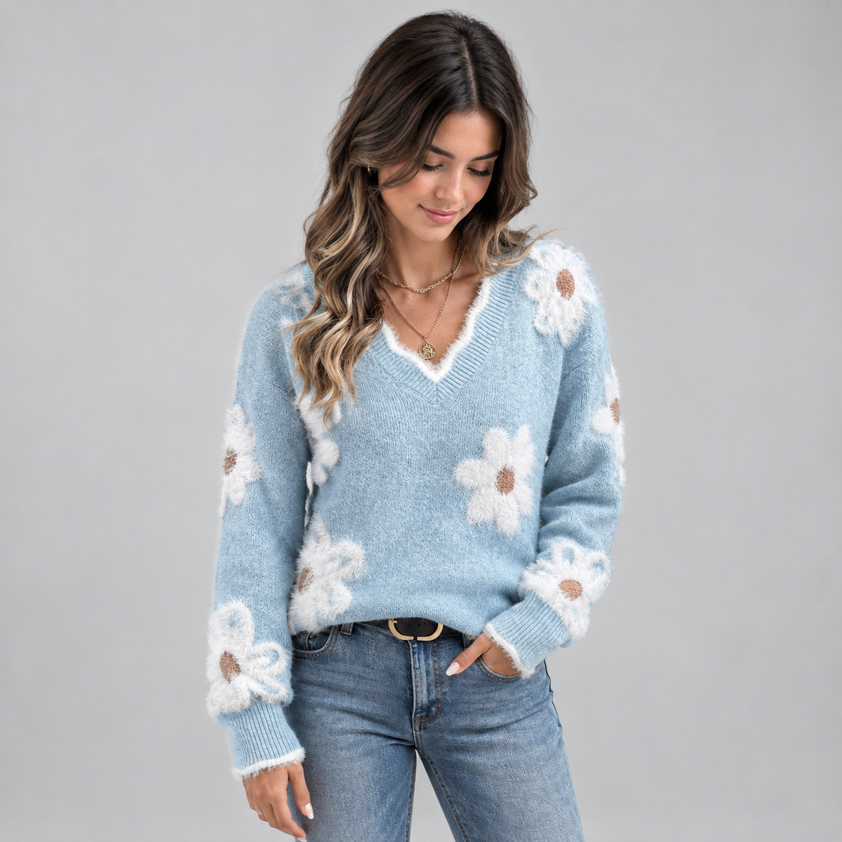 Women's V-Neck Floral Daisy Knit Sweater on a model, front detail