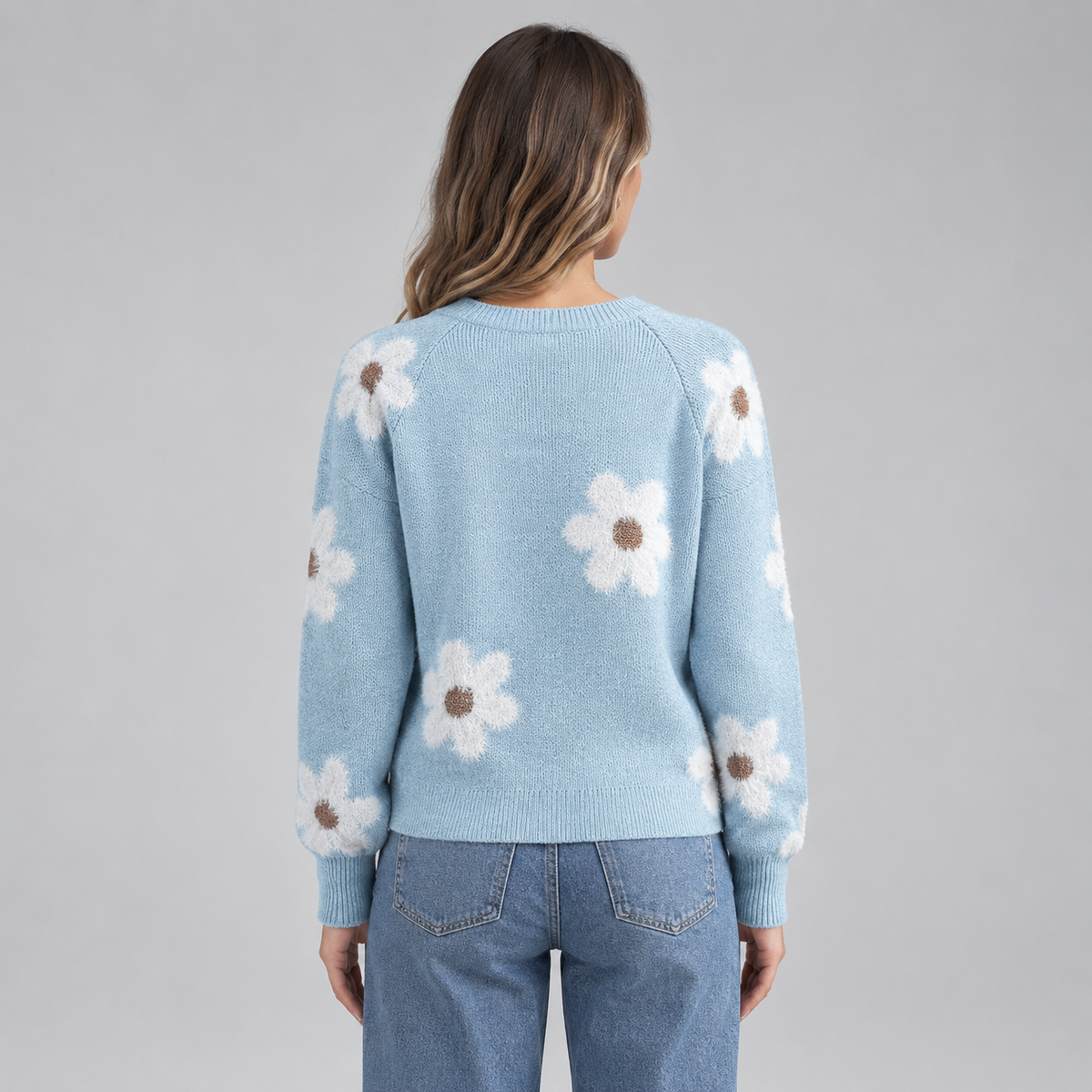 Women's V-Neck Floral Daisy Knit Sweater on a model, back view