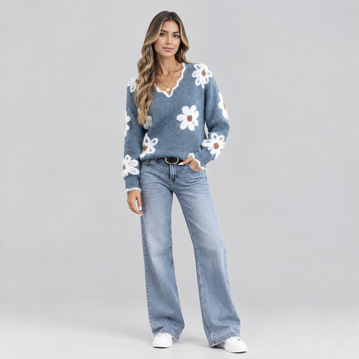 Women's V-Neck Floral Daisy Knit Sweater on a model, colour option