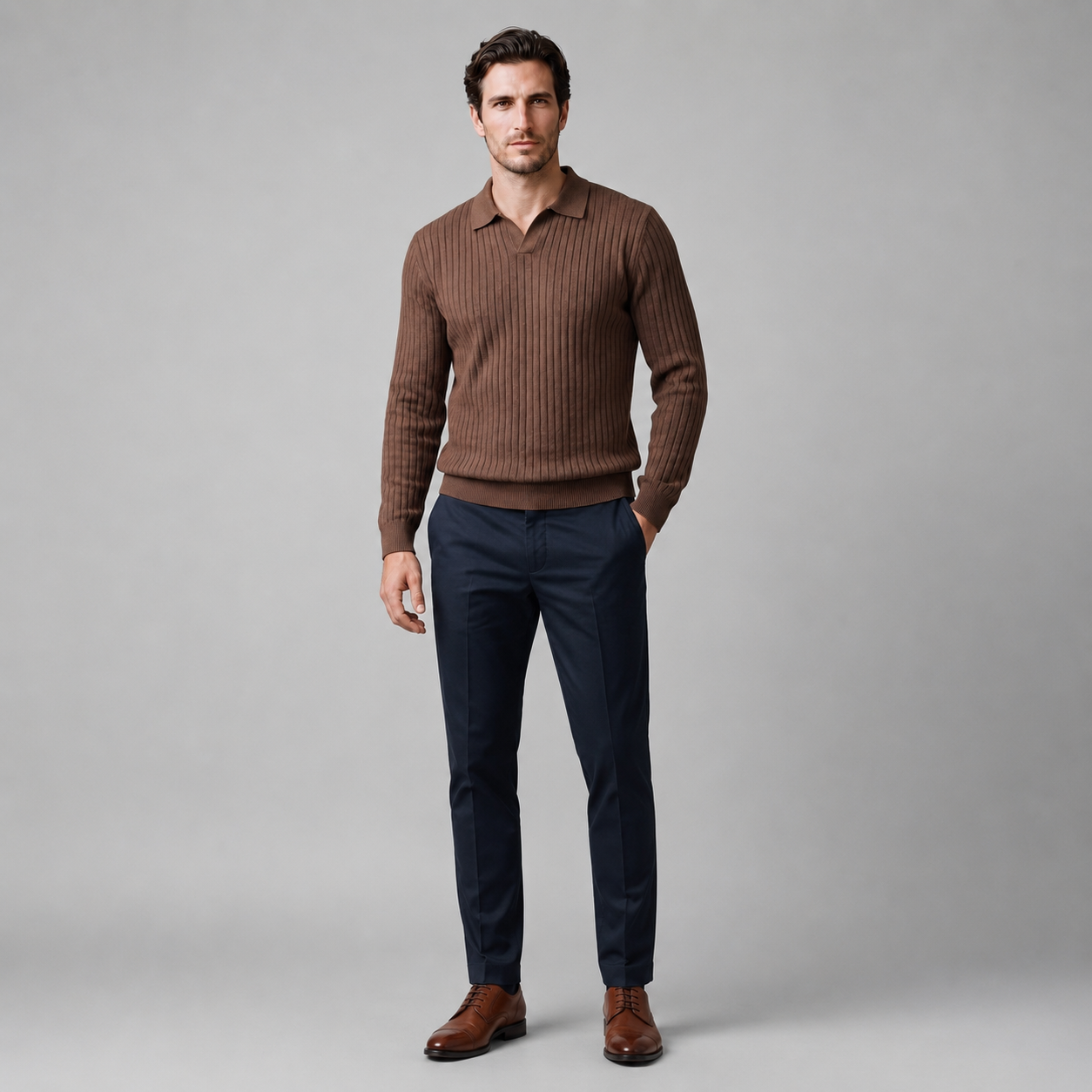Men's Ribbed Knit Polo Sweater