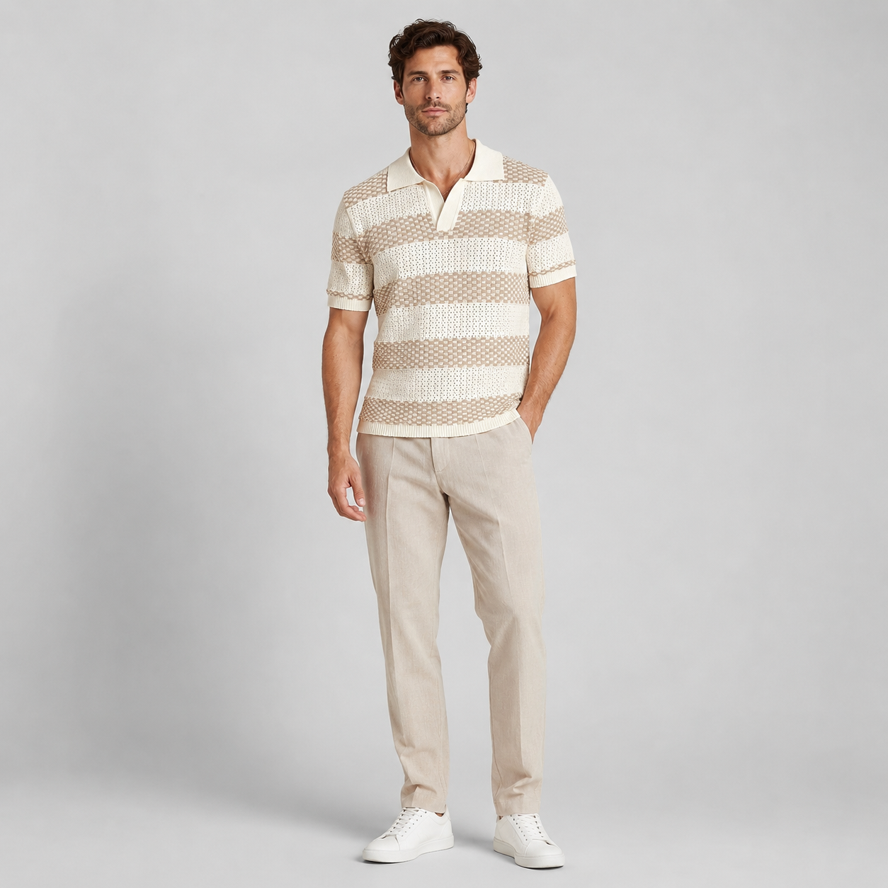 Men’s Striped Contrast Knit Polo Shirt