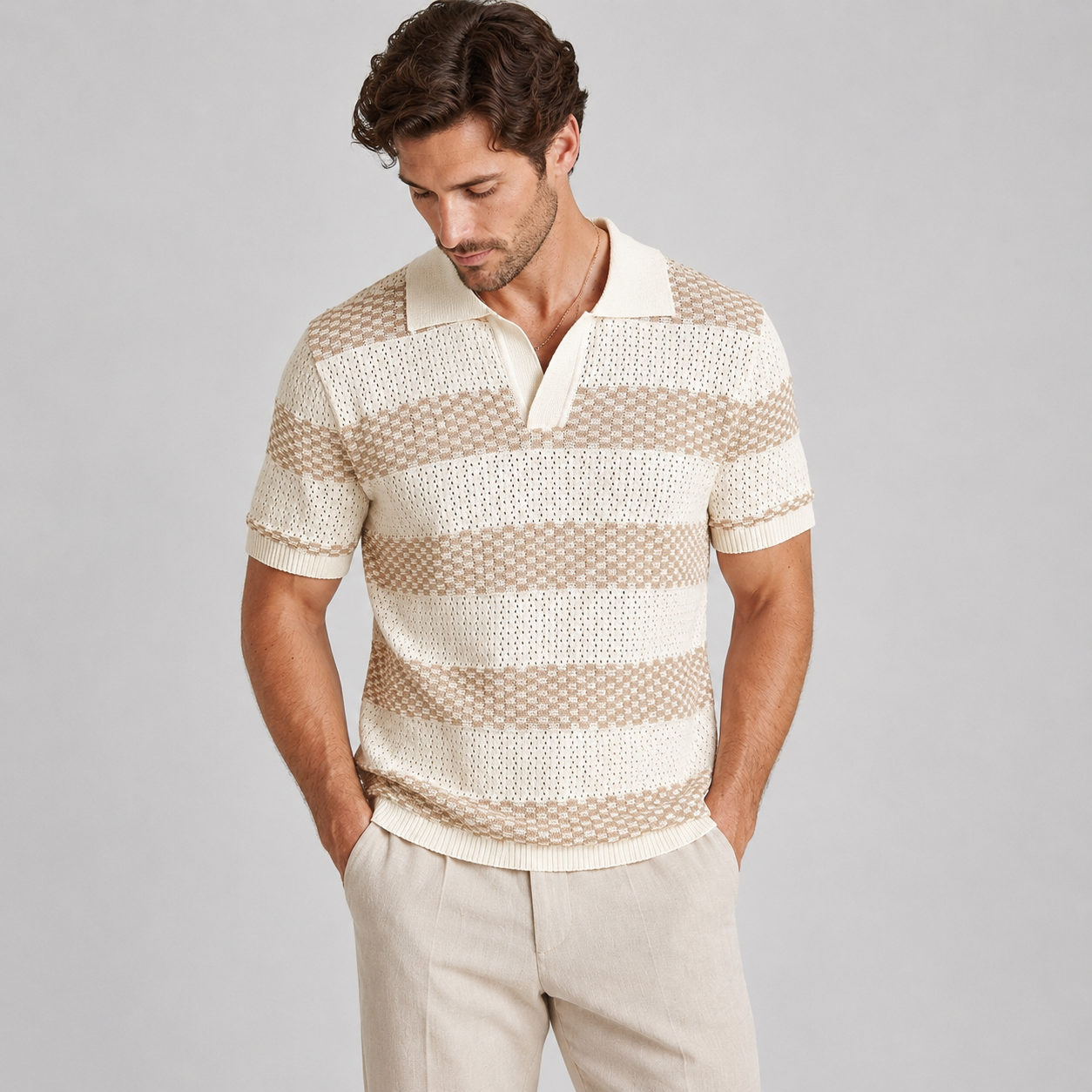 Men’s Striped Contrast Knit Polo Shirt