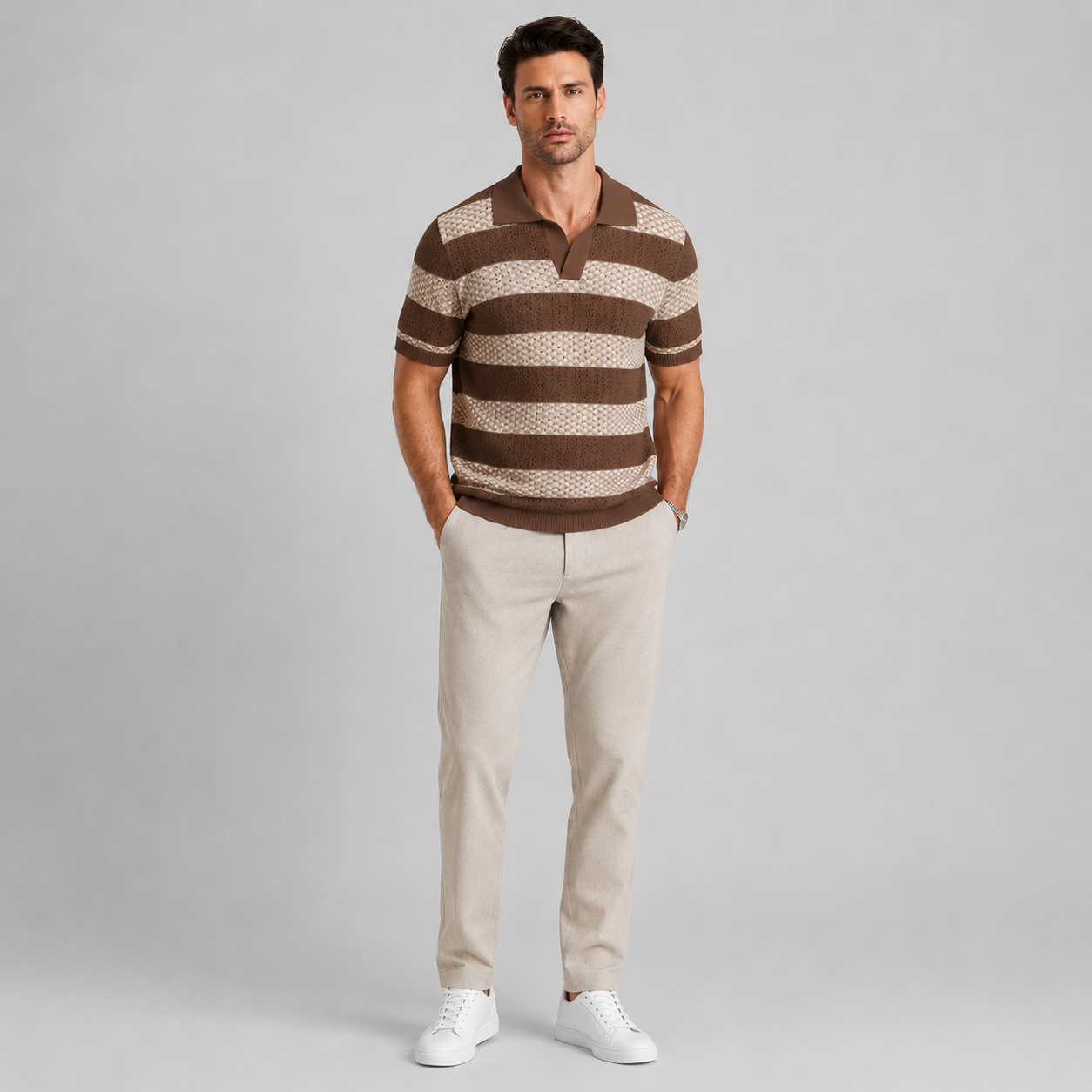 Men’s Striped Contrast Knit Polo Shirt