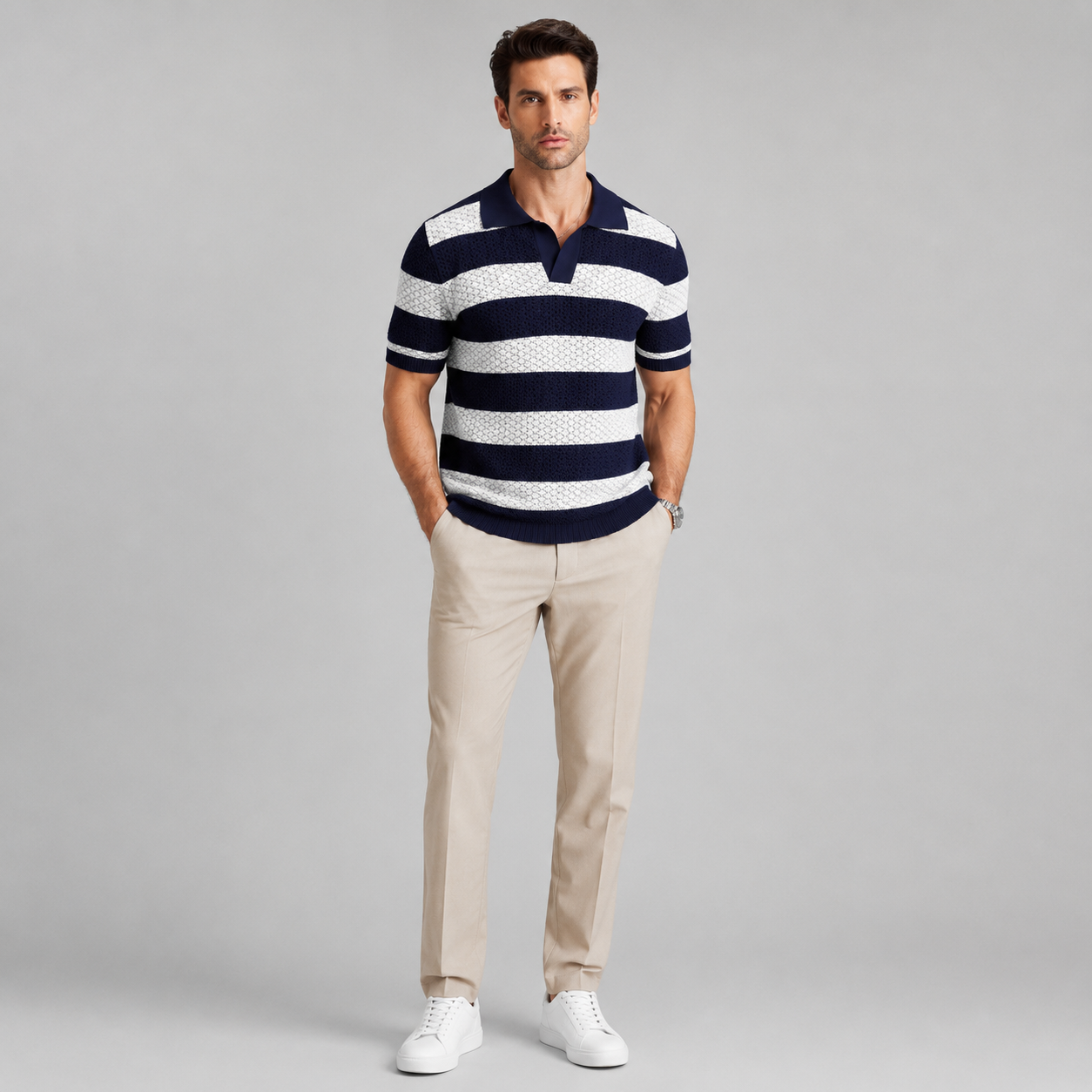 Men’s Striped Contrast Knit Polo Shirt