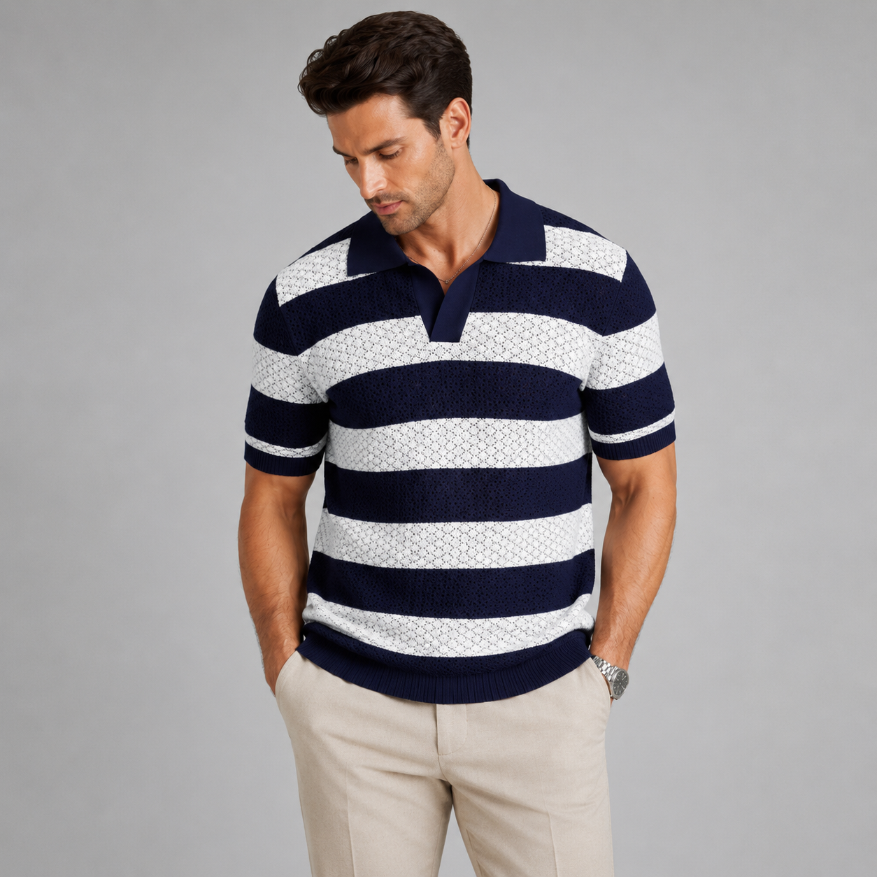 Men’s Striped Contrast Knit Polo Shirt