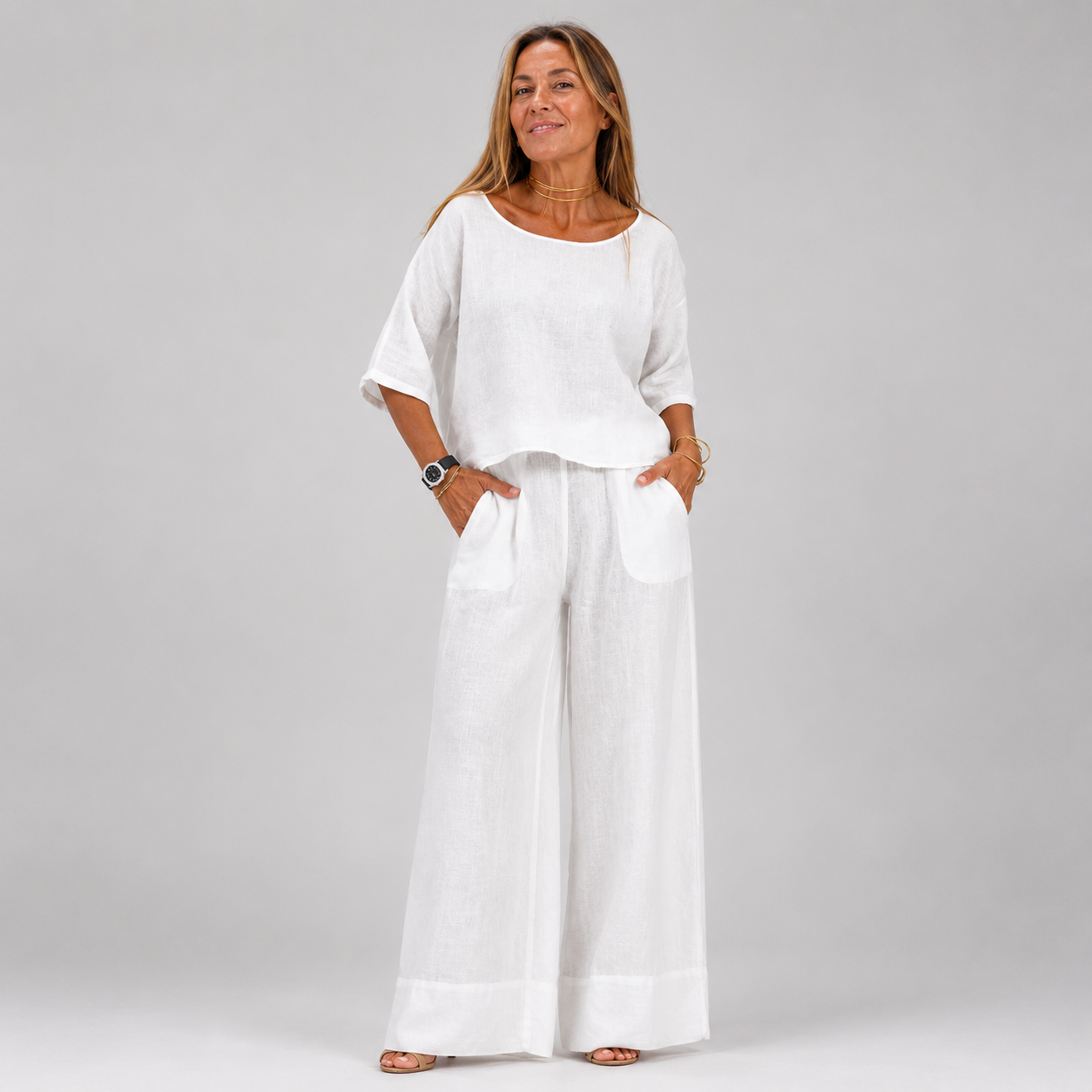 Women's Relaxed Linen Blouse Wide-Leg Trouser Set