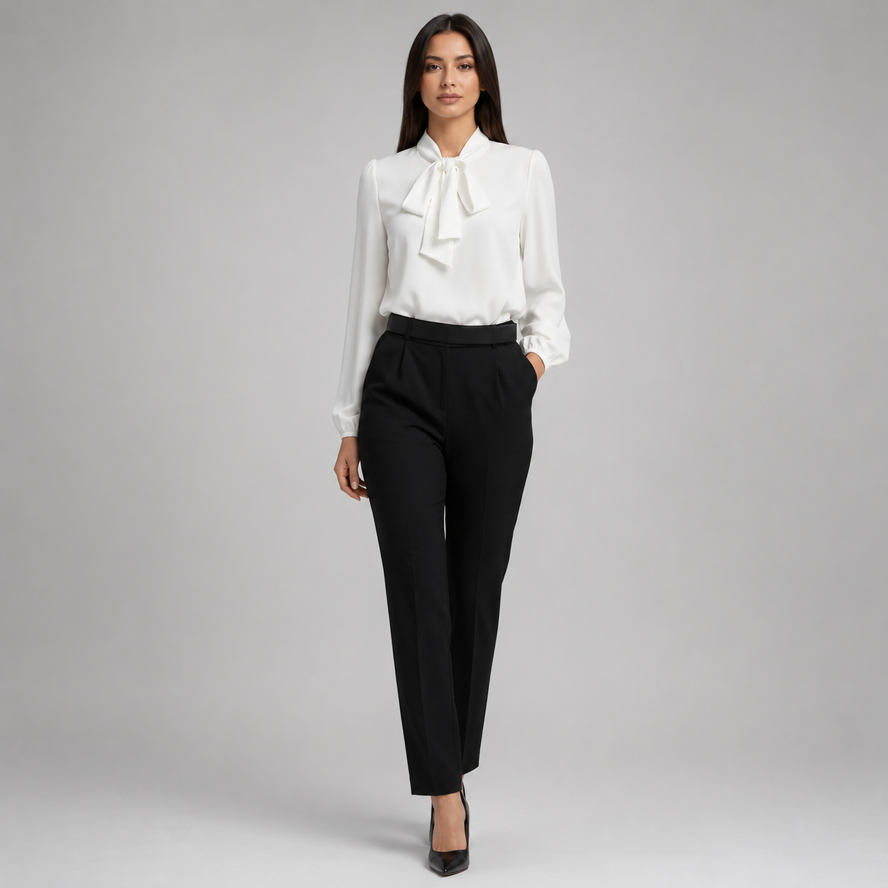 Women's Relaxed-Fit Bow-Tie Neck Long-Sleeve Blouse