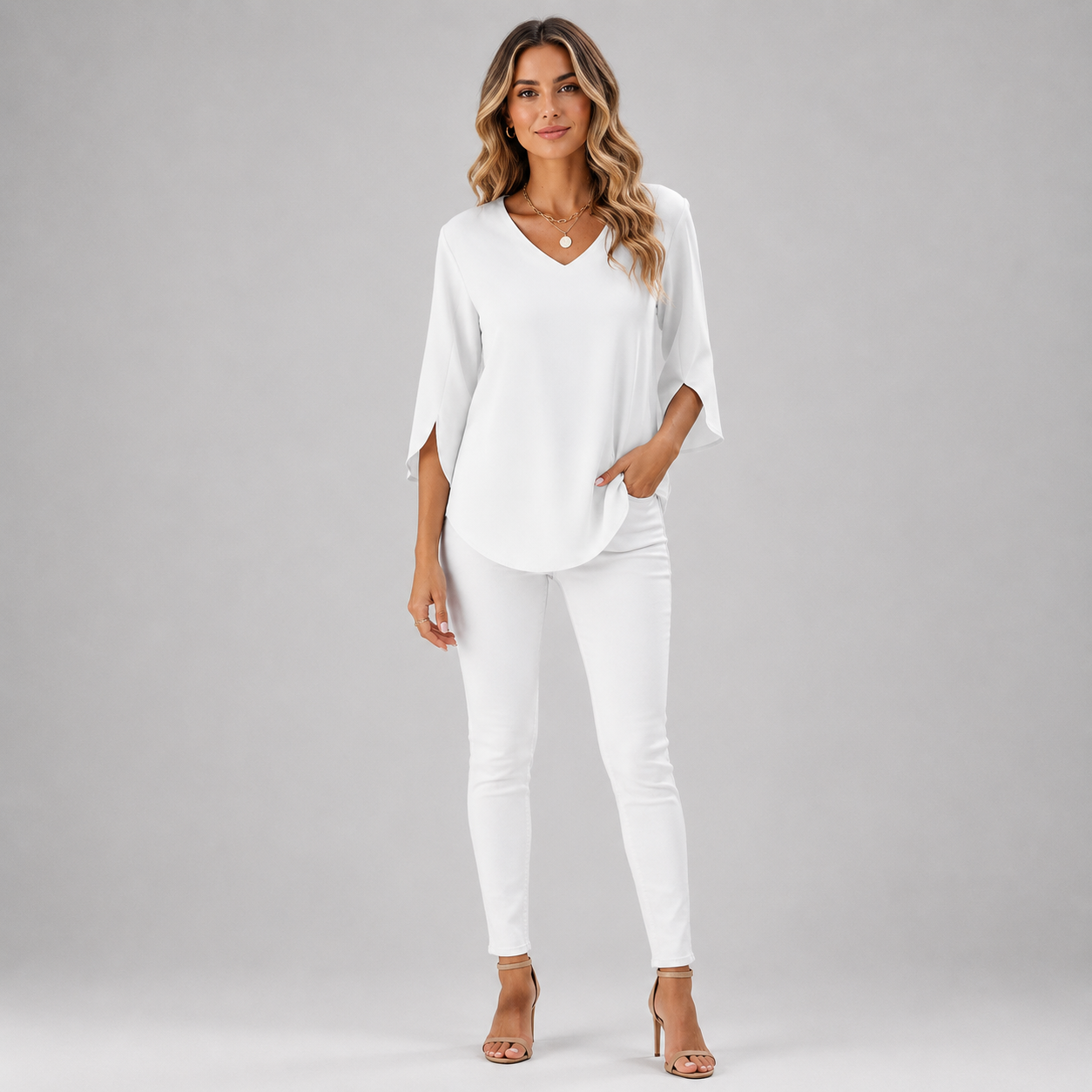 Women's V-Neck Three-Quarter Sleeve Blouse