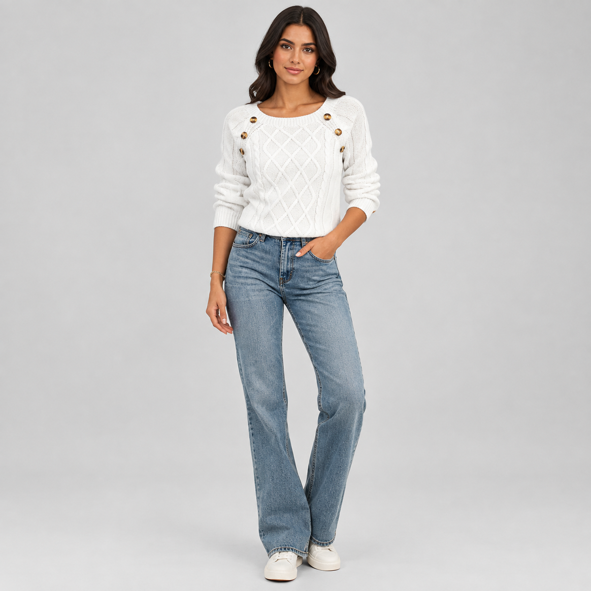 Women's Cable Knit Round Neck Sweater on a model, front view