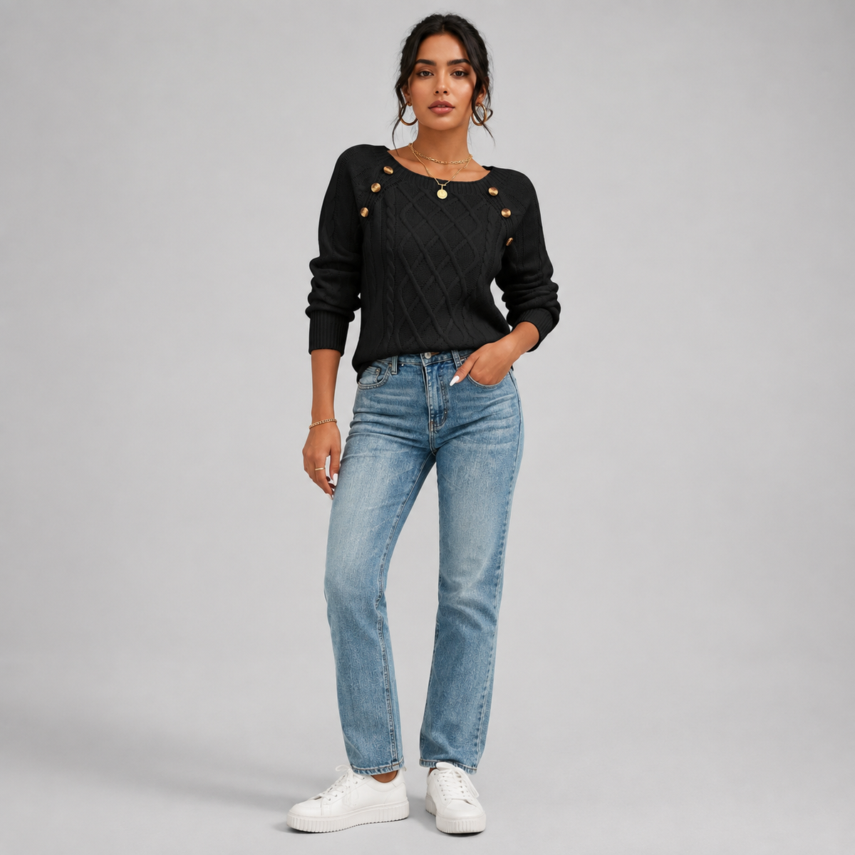 Women's Cable Knit Round Neck Sweater on a model, colour option