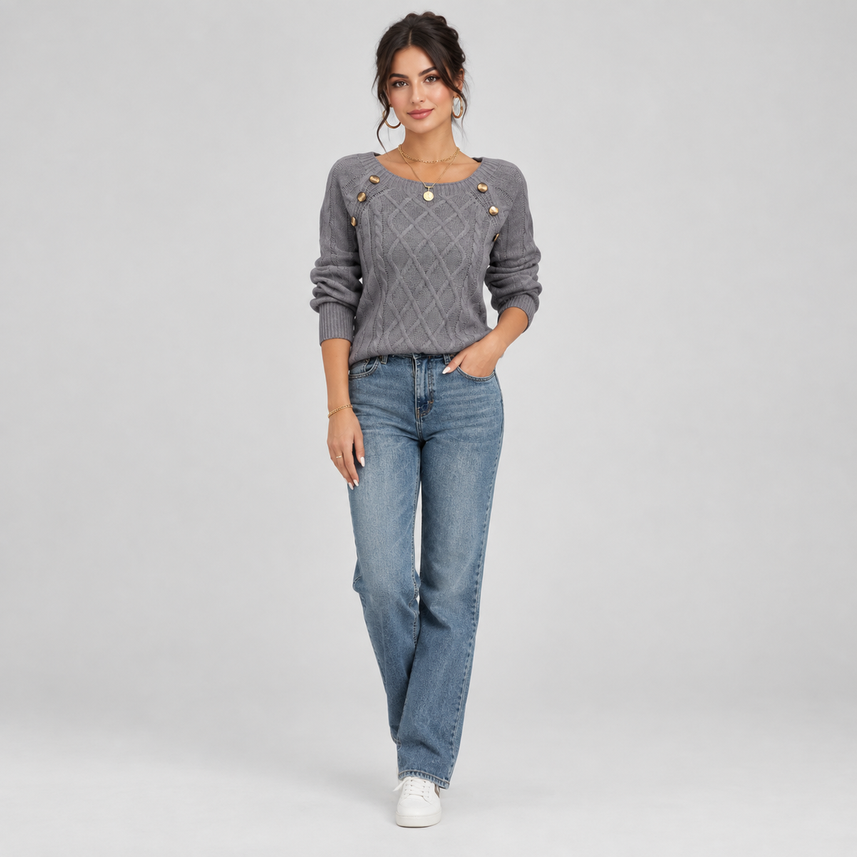 Women's Cable Knit Round Neck Sweater on a model, colour option