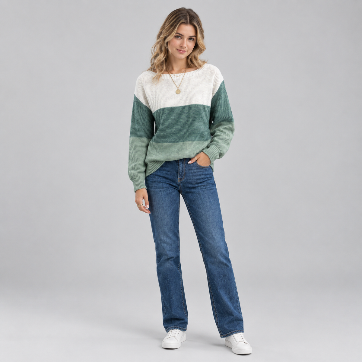 Women's Colour Block Relaxed Fit Knit Sweater on a model, front view