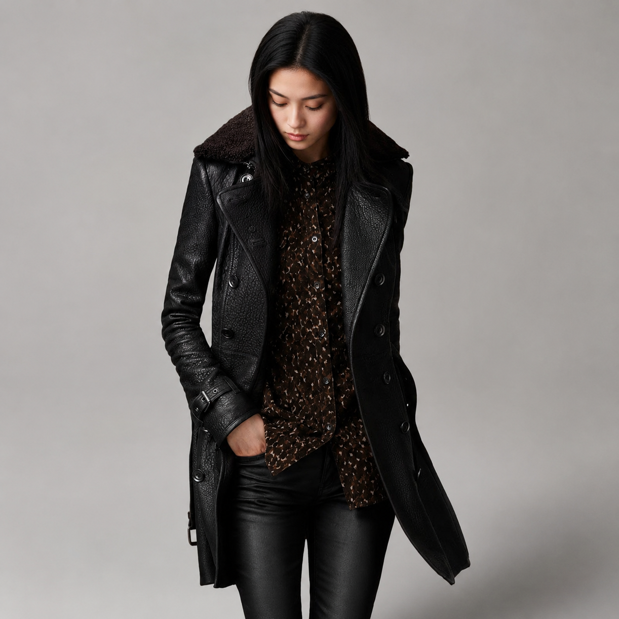 Women's Double-Breasted Leather Coats & Jackets With Shearling Collar