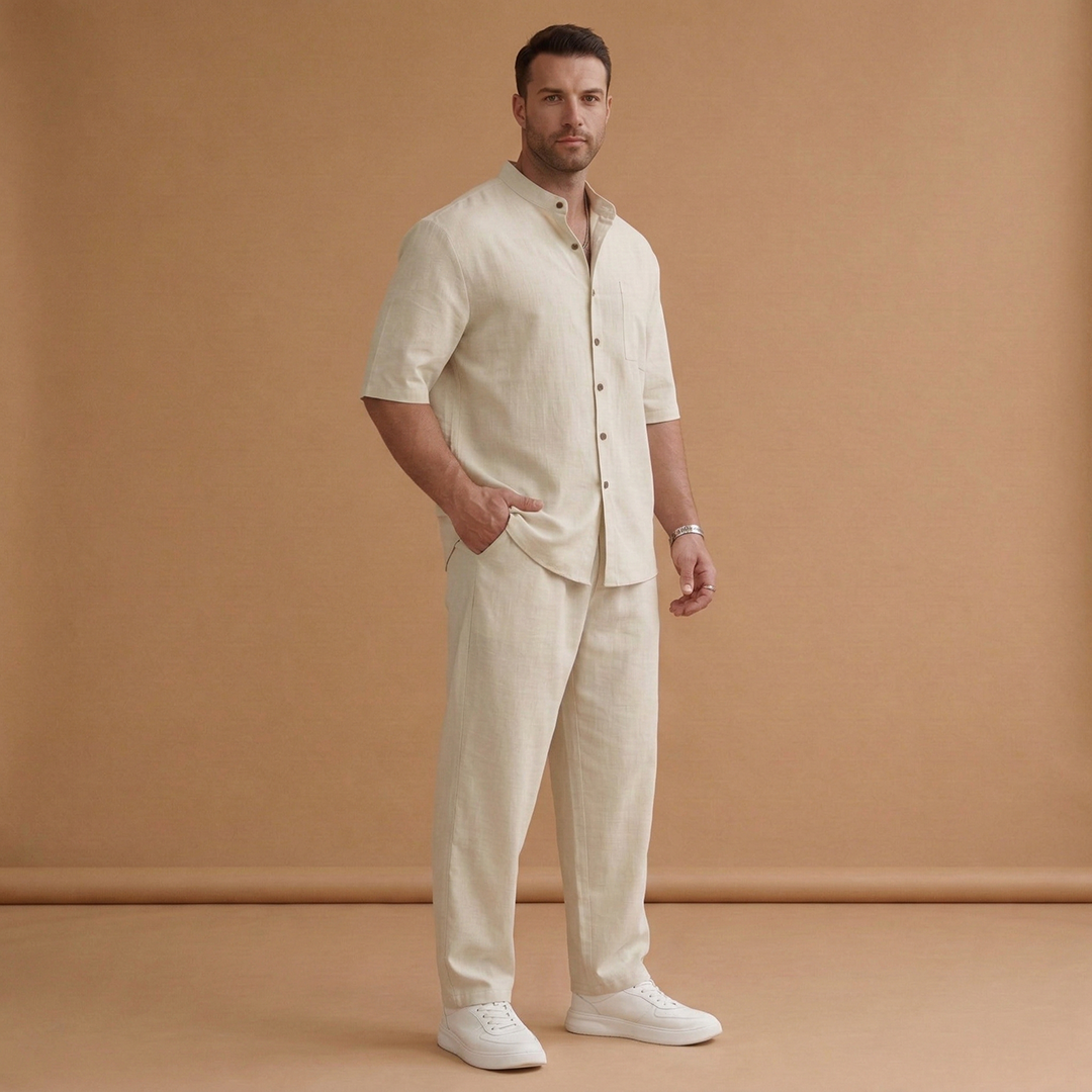 Men's Two Piece Short Sleeve Shirt and Trousers Set Summer