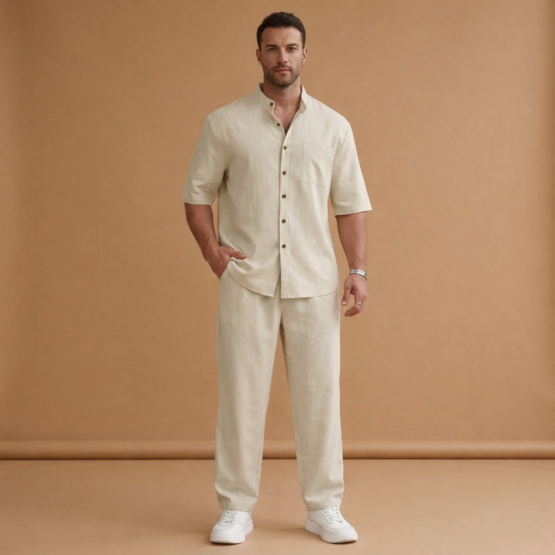 Men's Two Piece Short Sleeve Shirt and Trousers Set Summer