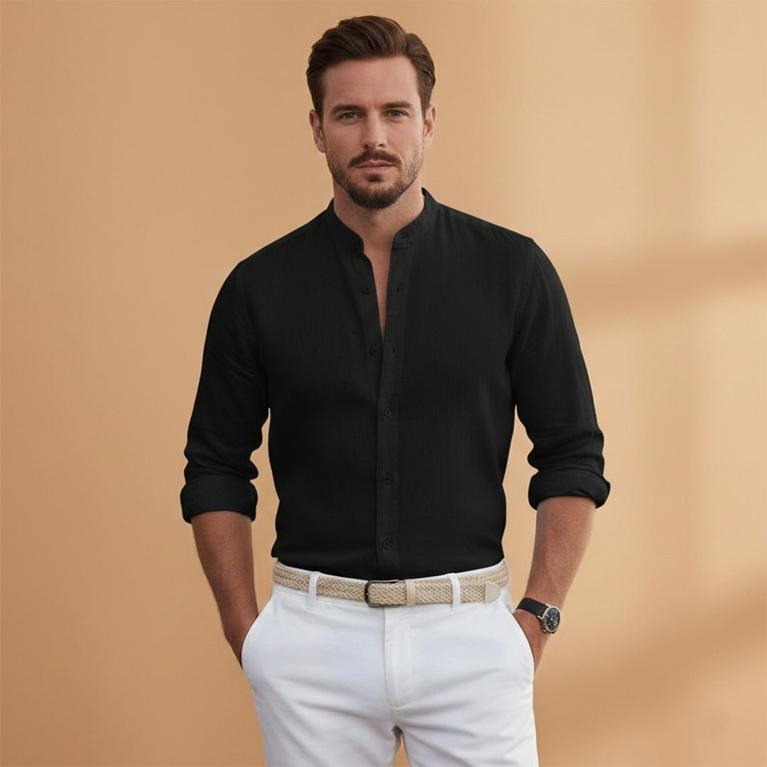 Men's Long Sleeve Stand Up Collar Button Down Shirt Summer