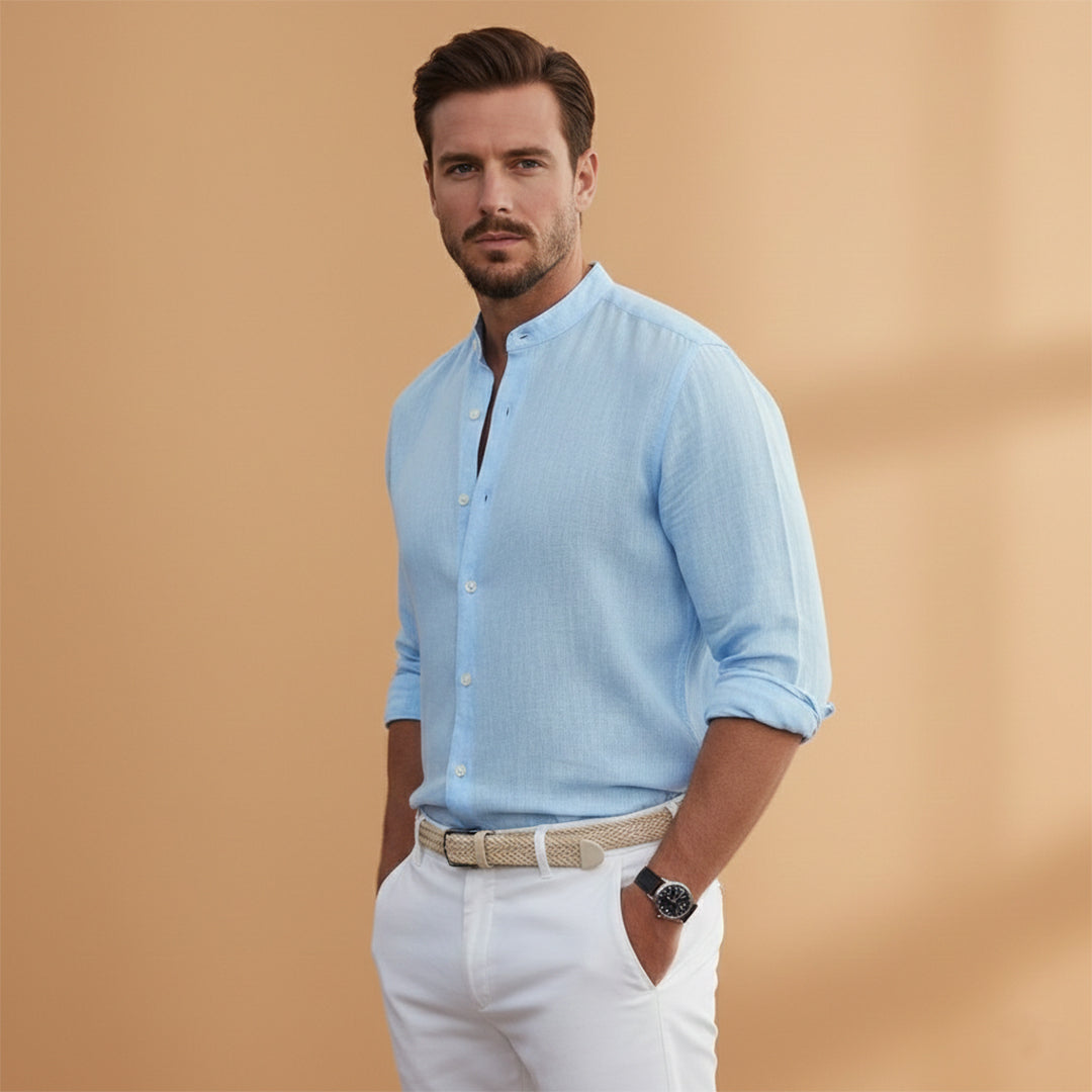 Men's Long Sleeve Stand Up Collar Button Down Shirt Summer