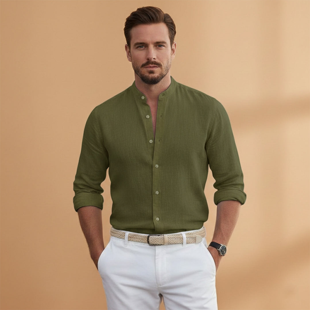 Men's Long Sleeve Stand Up Collar Button Down Shirt Summer
