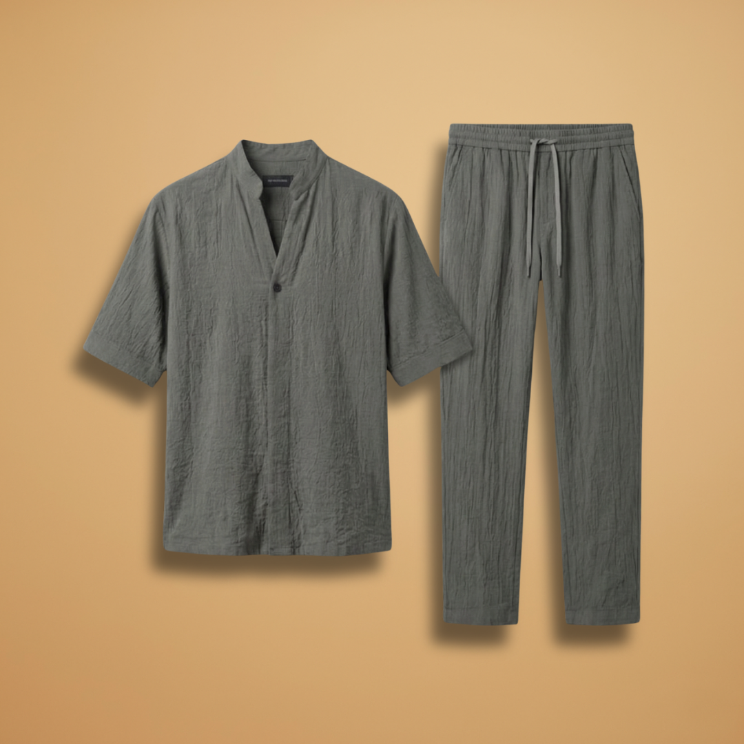 Men's Two Piece Short Sleeve V-Neck Shirt and Drawstring Trousers Set