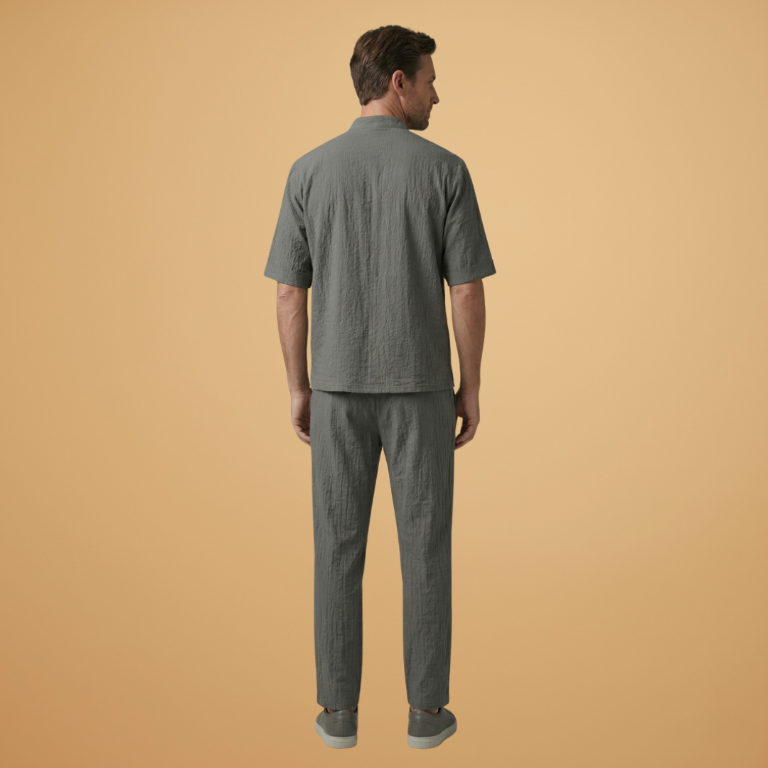 Men's Two Piece Short Sleeve V-Neck Shirt and Drawstring Trousers Set