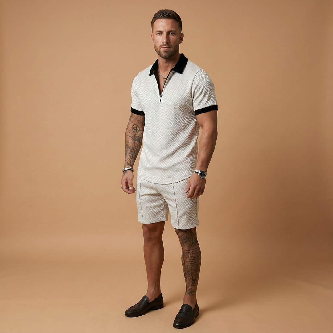 Men's Two Piece Short Sleeve Zip Up Polo Shirt and Shorts Set