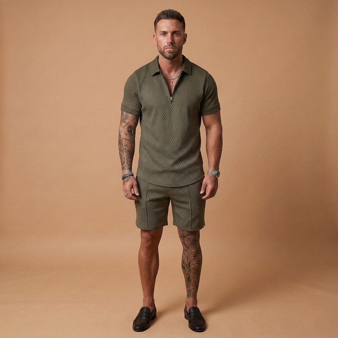 Men's Two Piece Short Sleeve Zip Up Polo Shirt and Shorts Set