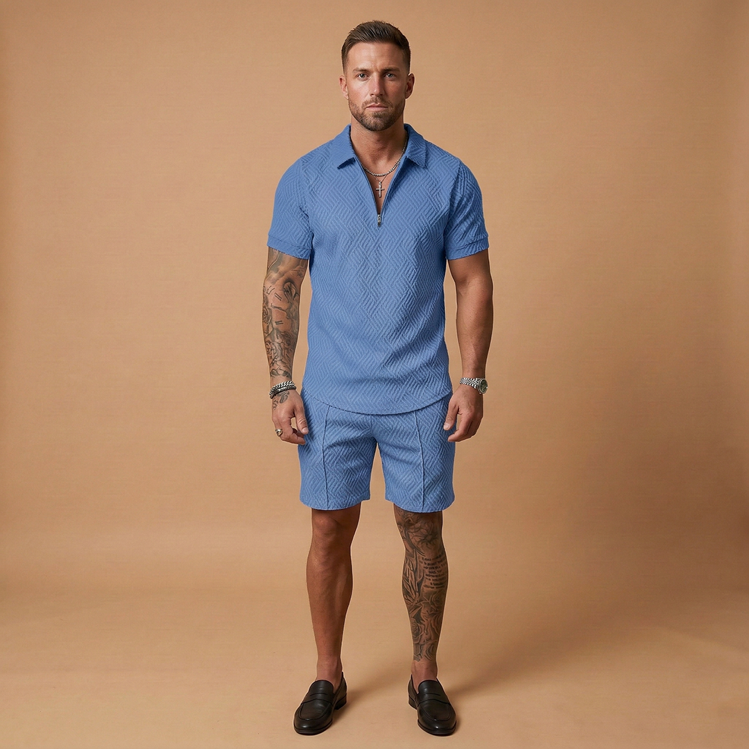 Men's Two Piece Short Sleeve Zip Up Polo Shirt and Shorts Set