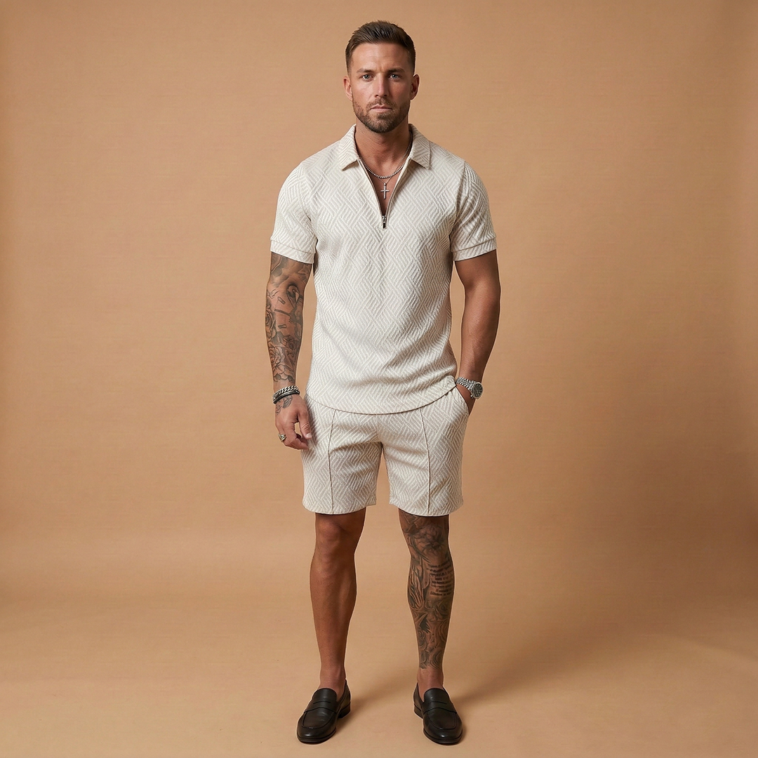 Men's Two Piece Short Sleeve Zip Up Polo Shirt and Shorts Set