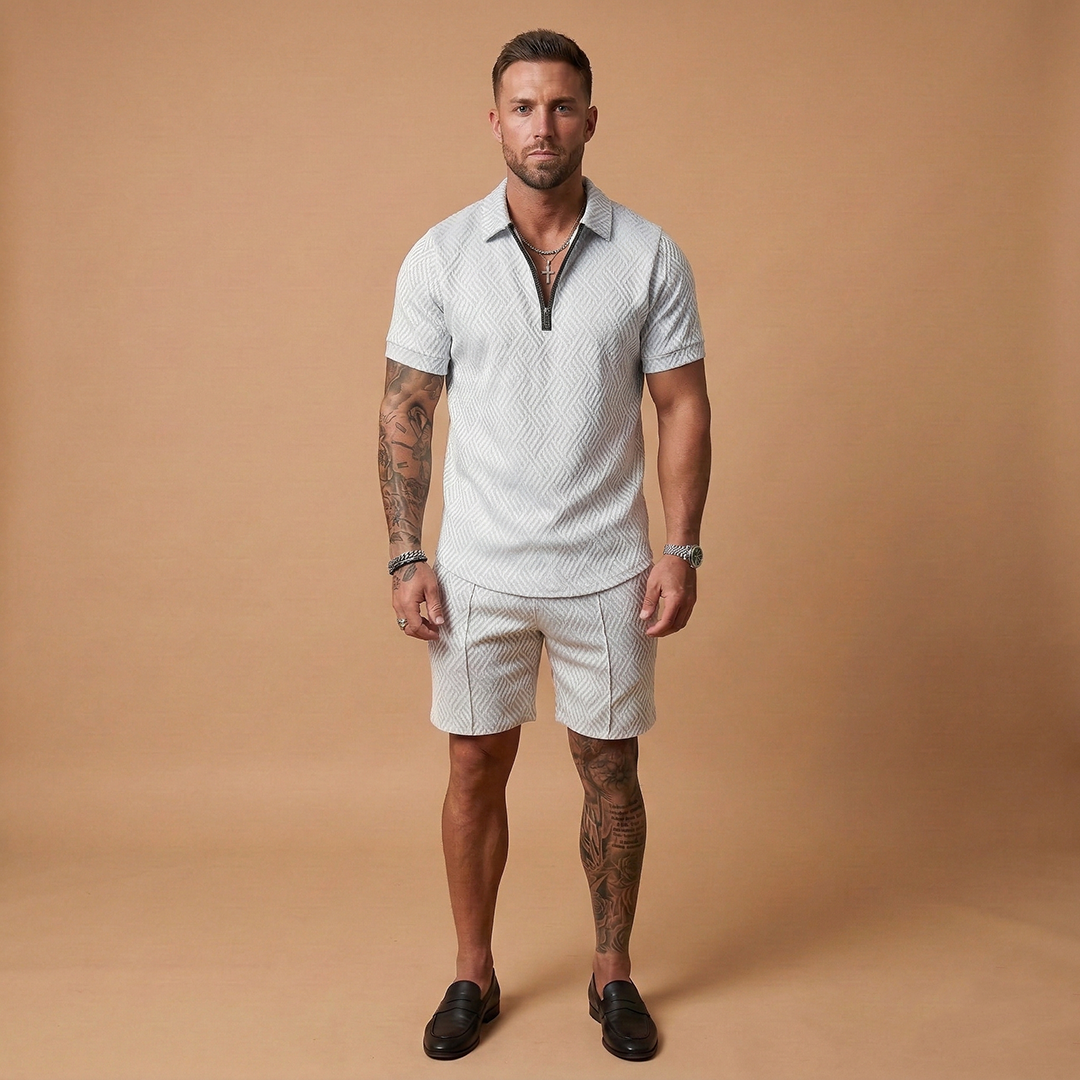 Men's Two Piece Short Sleeve Zip Up Polo Shirt and Shorts Set