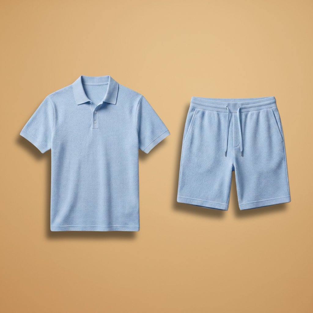 Men's Two Piece Polo Shirt and Drawstring Shorts Set Summer