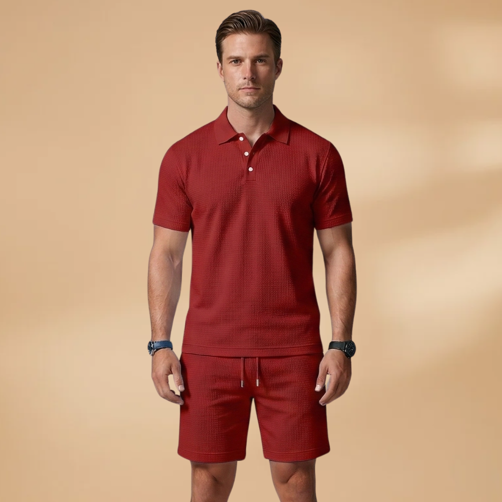 Men's Two Piece Polo Shirt and Drawstring Shorts Set Summer