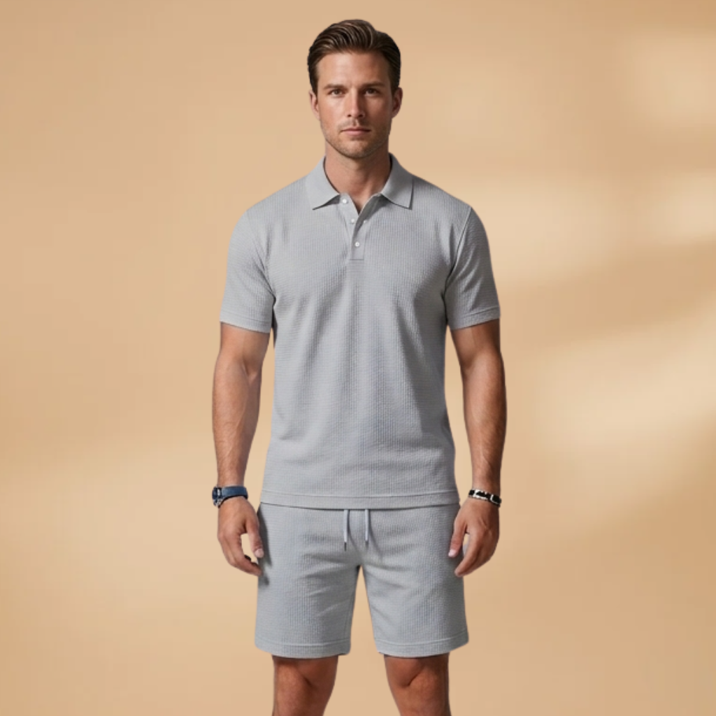 Men's Two Piece Polo Shirt and Drawstring Shorts Set Summer