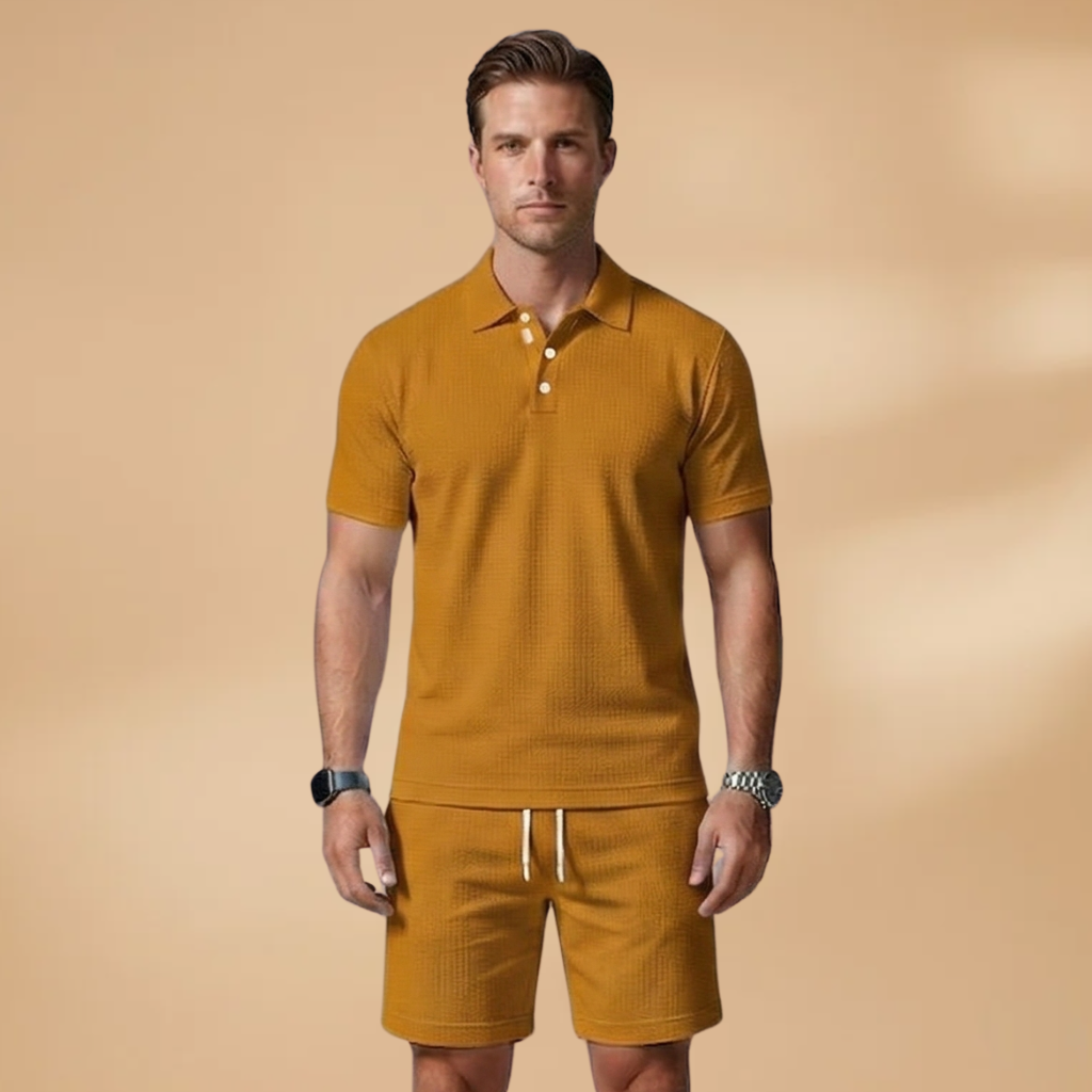 Men's Two Piece Polo Shirt and Drawstring Shorts Set Summer