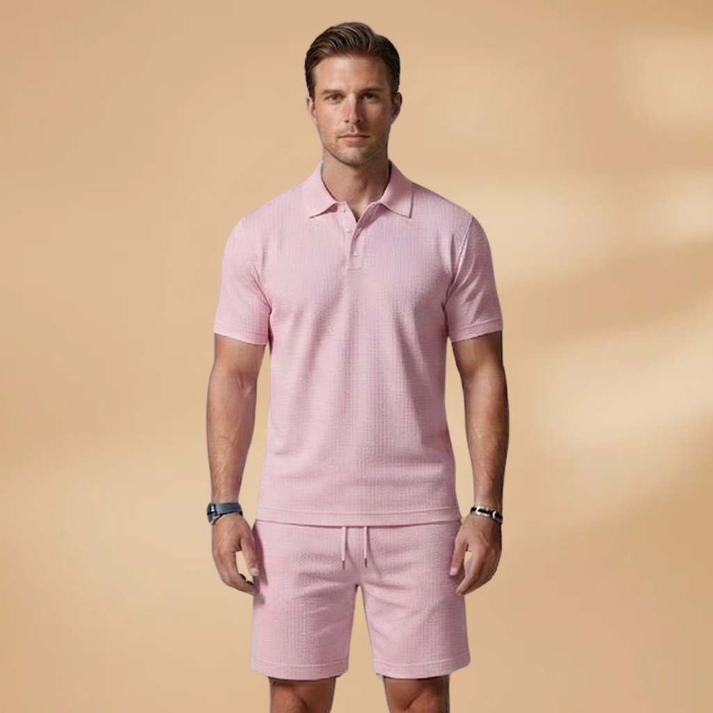 Men's Two Piece Polo Shirt and Drawstring Shorts Set Summer