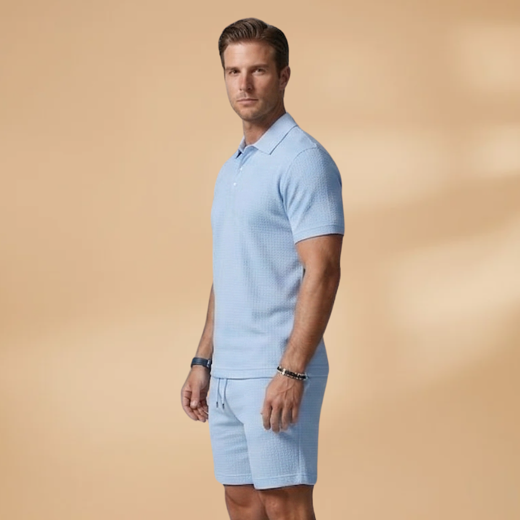 Men's Two Piece Polo Shirt and Drawstring Shorts Set Summer