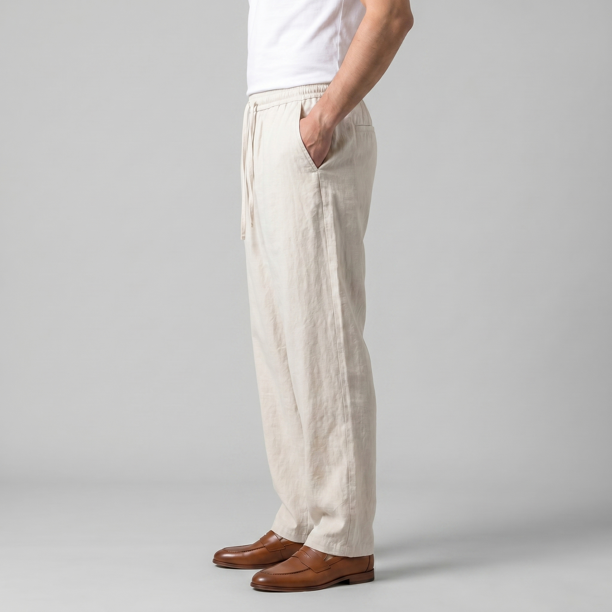 Men's Wide Leg Linen Trousers Elasticated Waist Summer