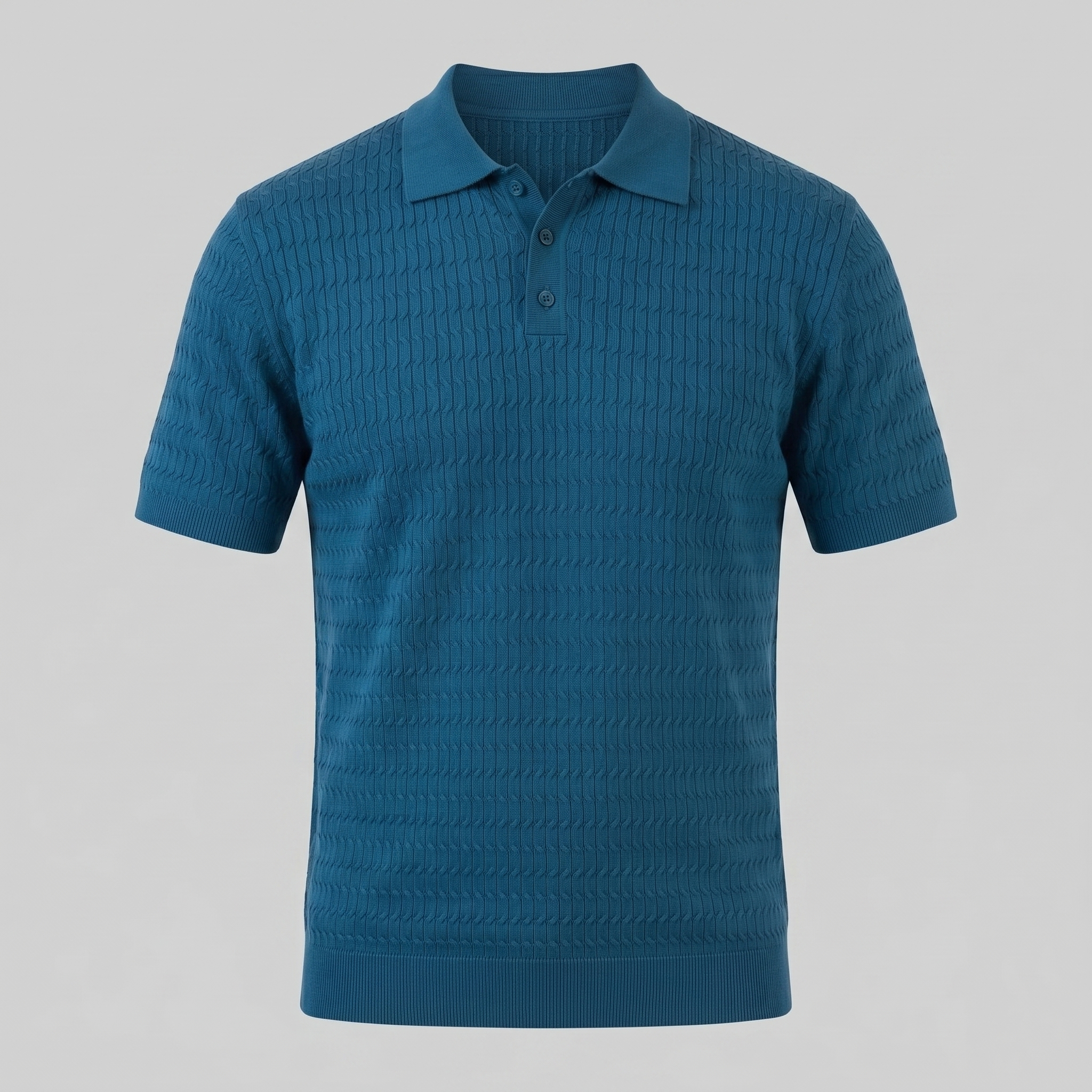 Men's Cable Knit Open Collar Polo Shirt Short Sleeve Summer