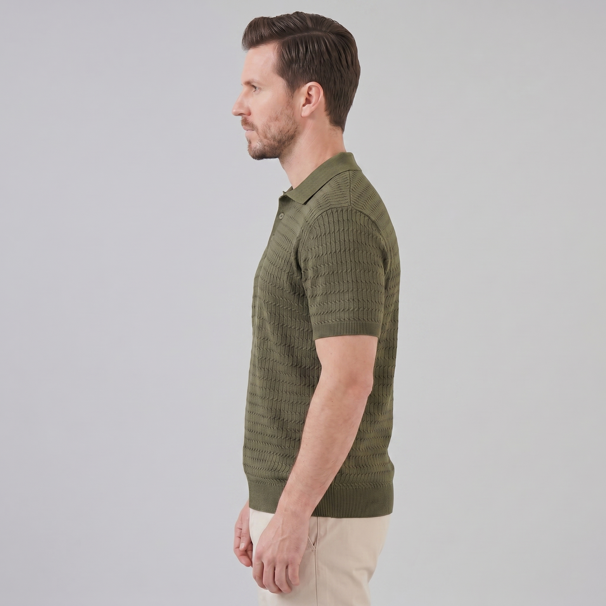 Men's Cable Knit Open Collar Polo Shirt Short Sleeve Summer