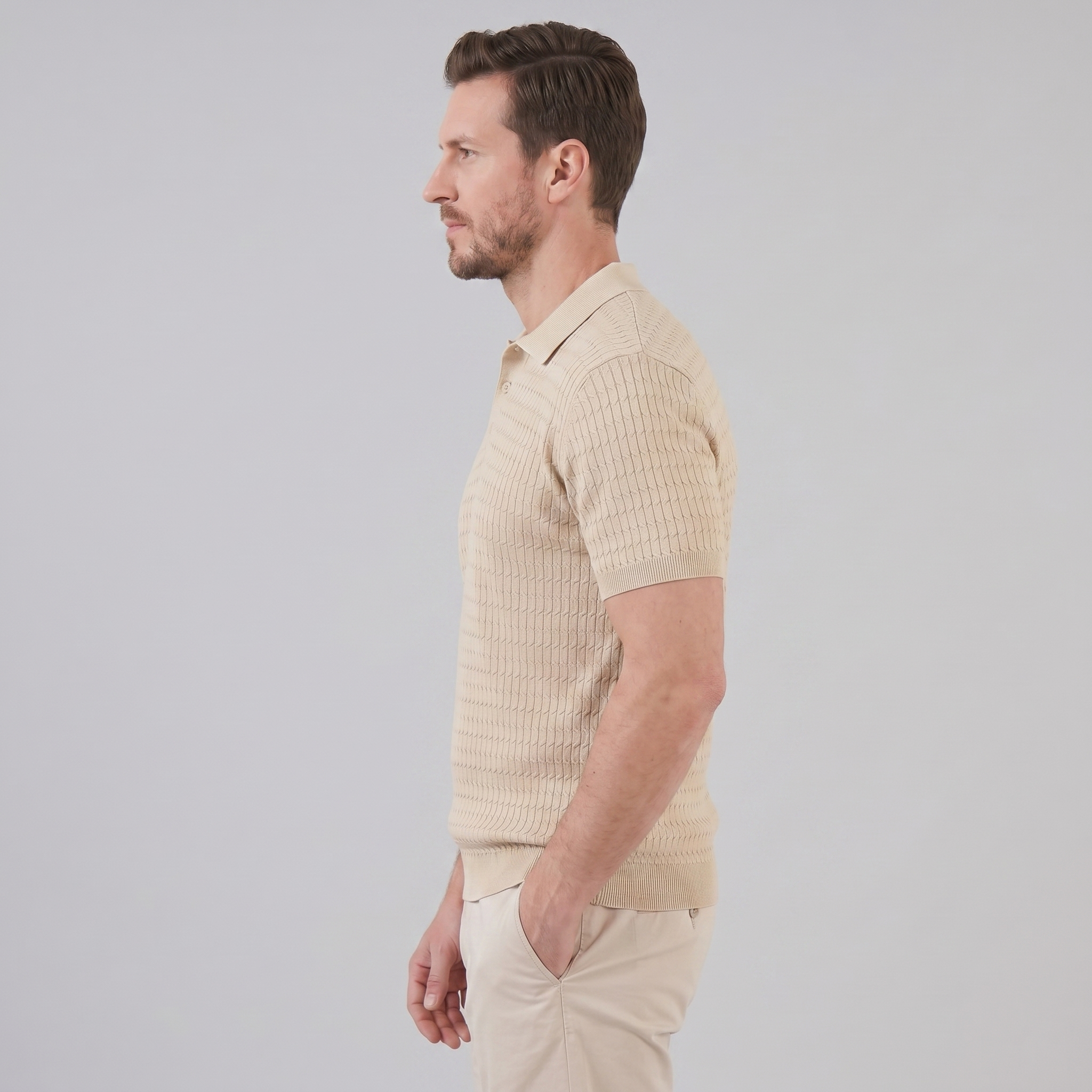 Men's Cable Knit Open Collar Polo Shirt Short Sleeve Summer