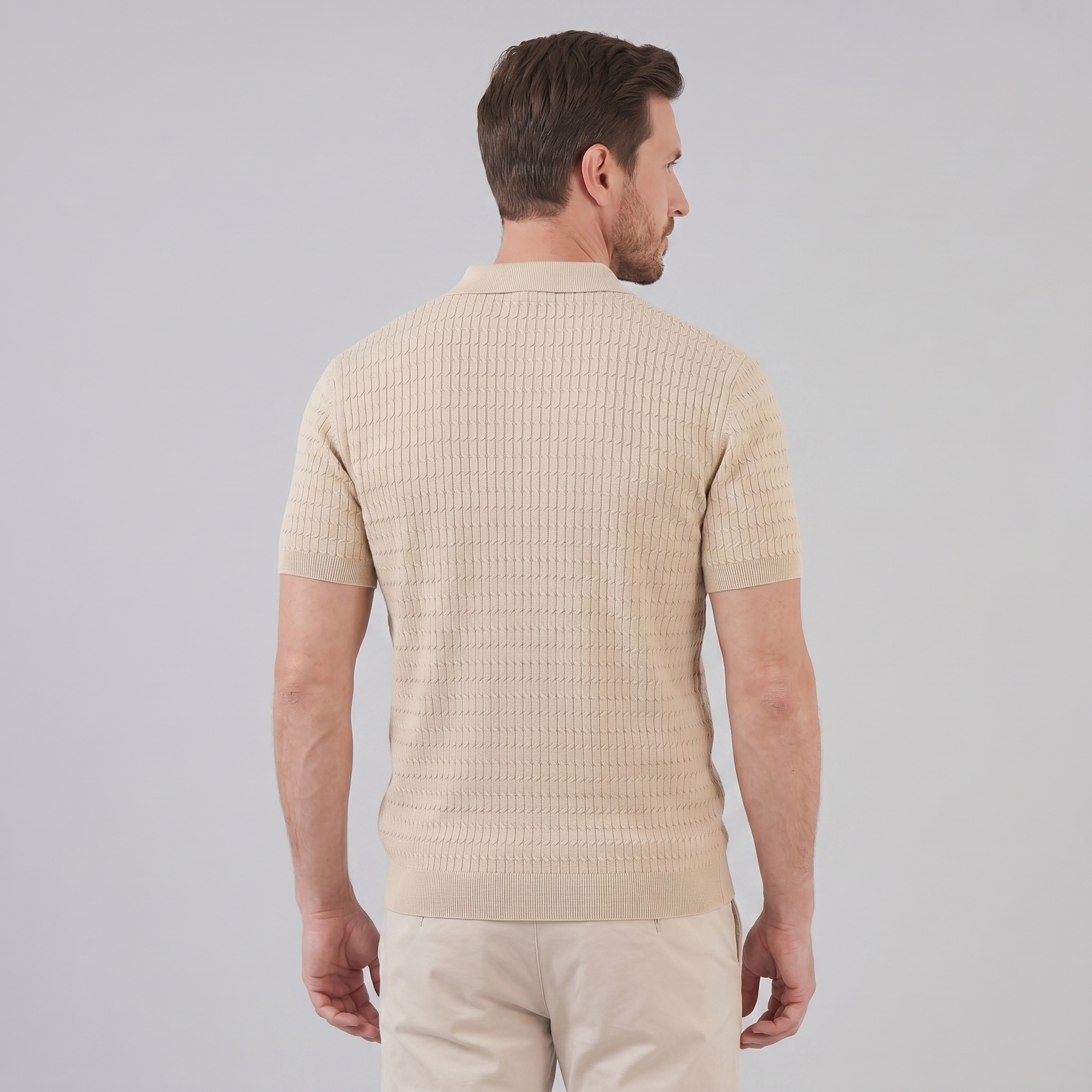 Men's Cable Knit Open Collar Polo Shirt Short Sleeve Summer