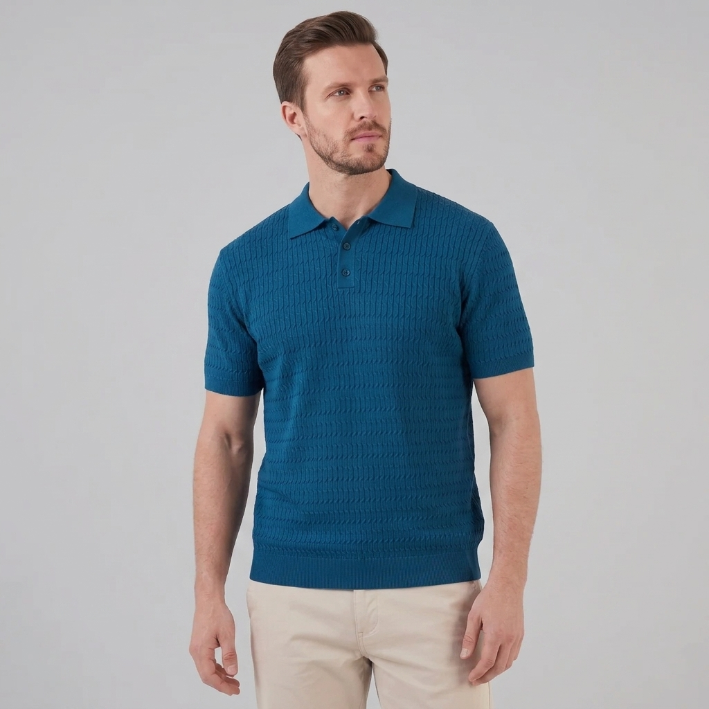 Men's Cable Knit Open Collar Polo Shirt Short Sleeve Summer