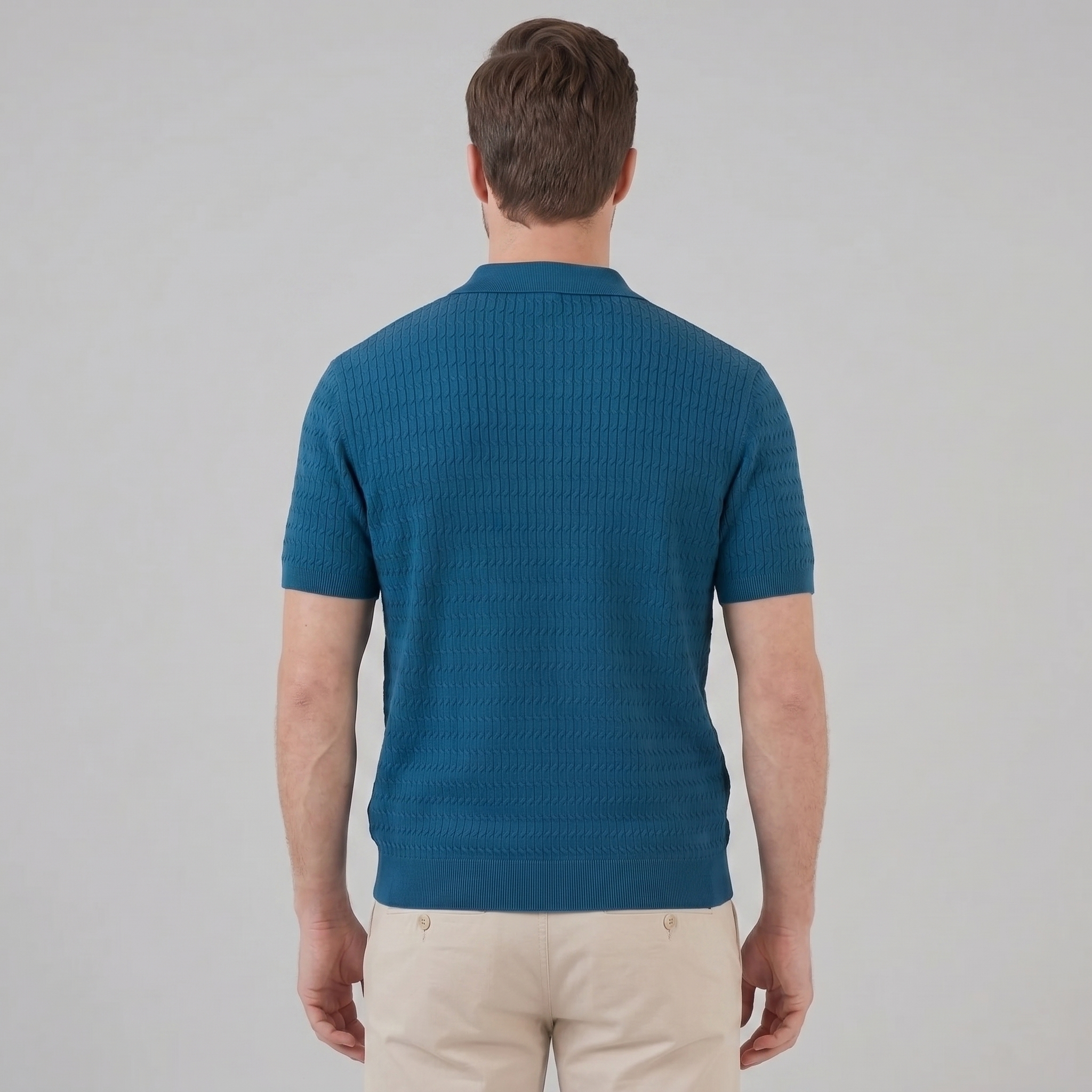 Men's Cable Knit Open Collar Polo Shirt Short Sleeve Summer